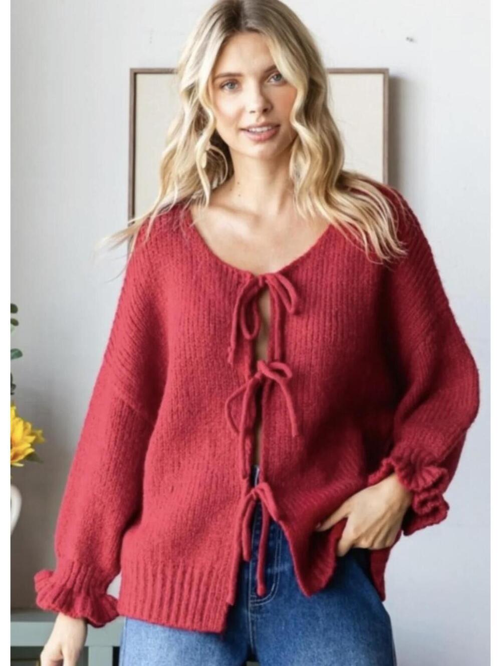 Vervet Red Oversized Boho Front Tie Cardigan - Women's Medium